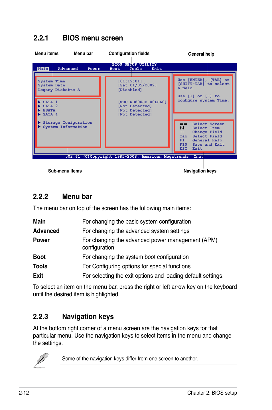 1 bios menu screen, 2 menu bar, 3 navigation keys | Asus P5N7A-VM User Manual | Page 64 / 112