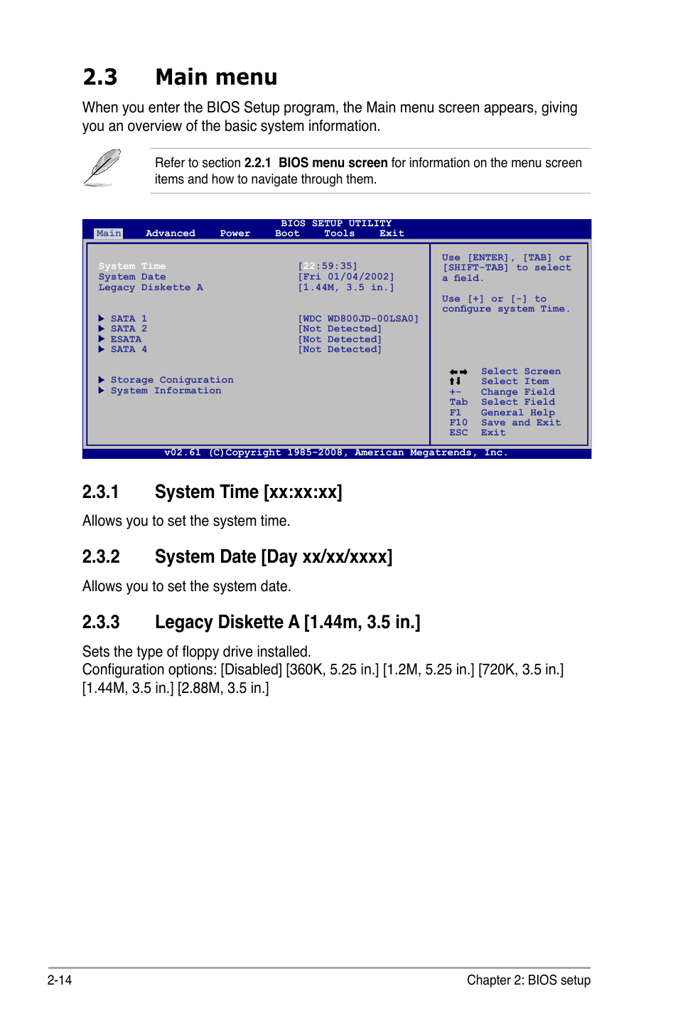 3 main menu, 1 system time [xx:xx:xx, 2 system date [day xx/xx/xxxx | 3 legacy diskette a [1.44m, 3.5 in, Allows you to set the system time, Allows you to set the system date | Asus P5N7A-VM User Manual | Page 66 / 112