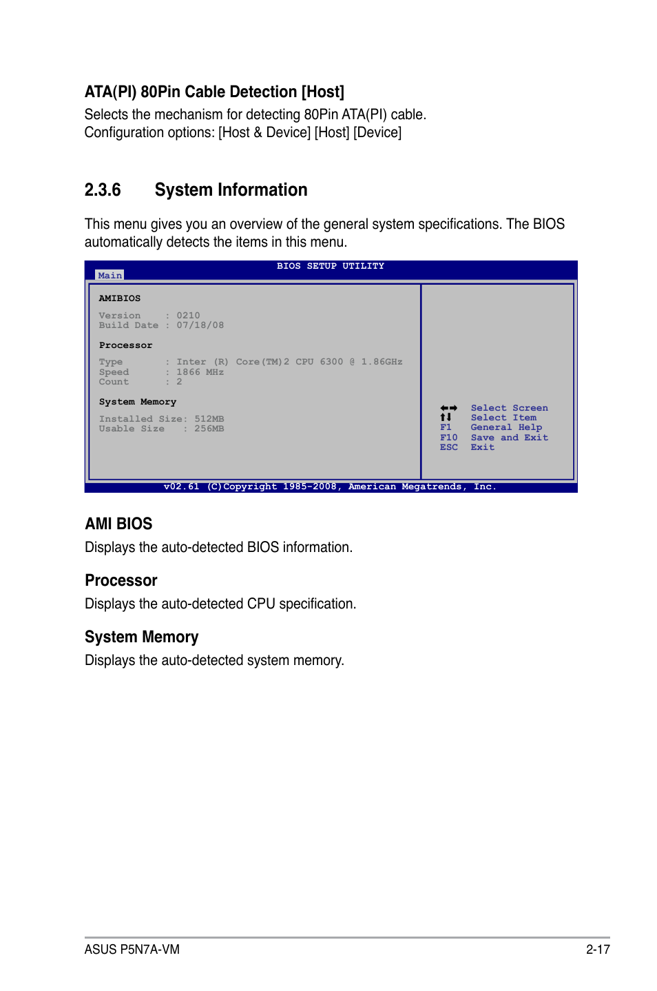 6 system information, Ami bios, Processor | Ata(pi) 80pin cable detection [host | Asus P5N7A-VM User Manual | Page 69 / 112