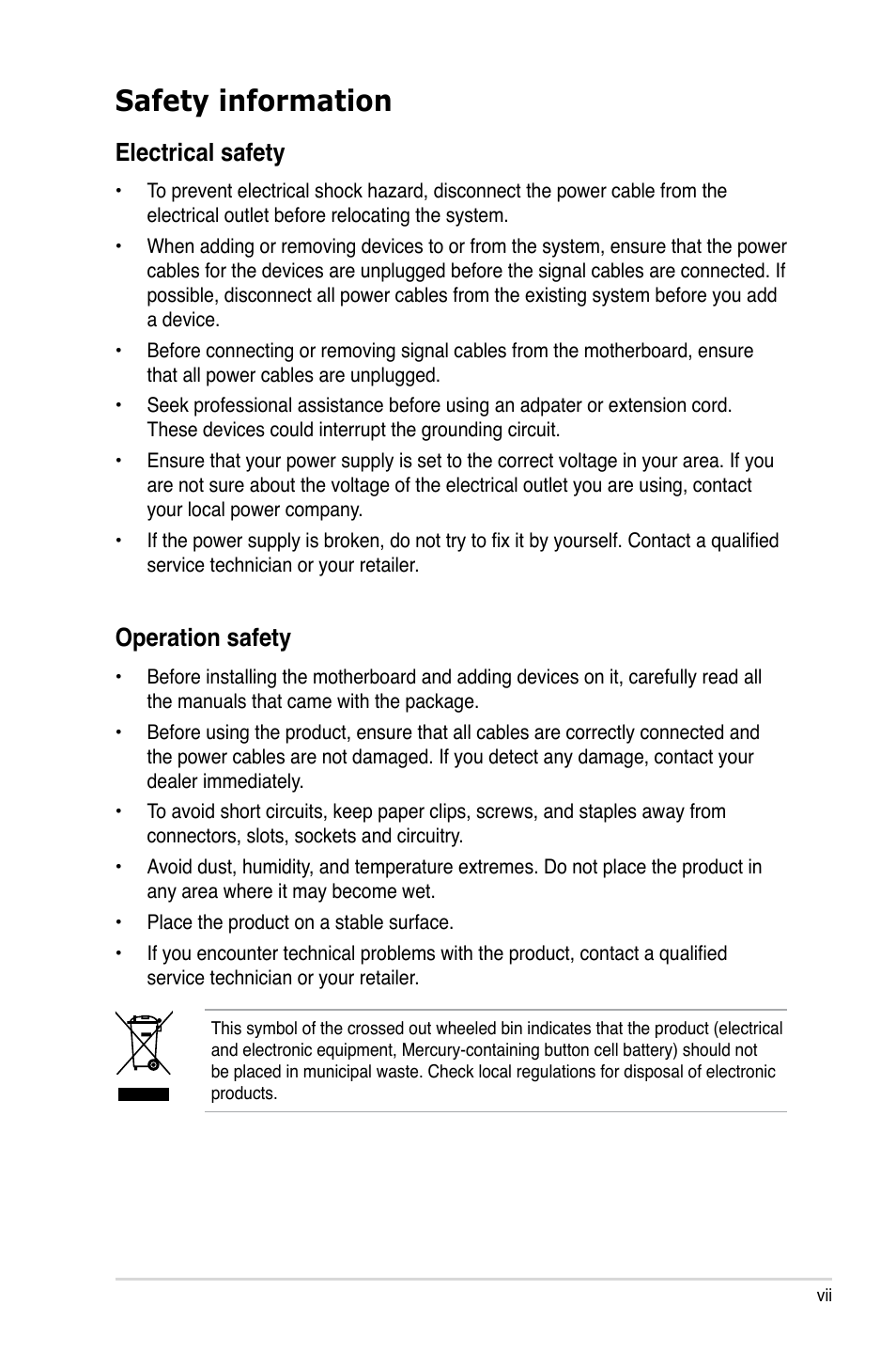 Safety information, Electrical safety, Operation safety | Asus P5N7A-VM User Manual | Page 7 / 112