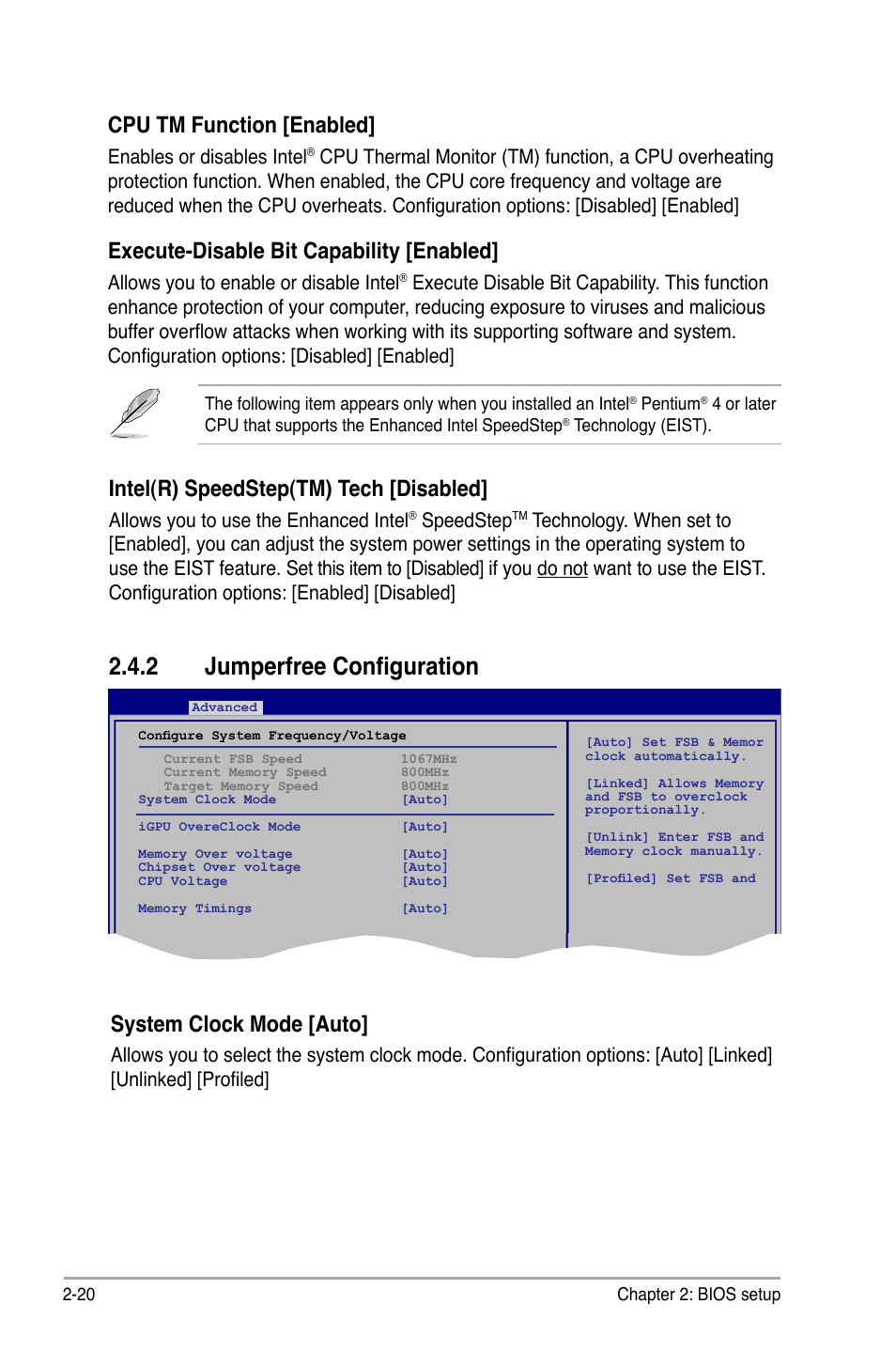2 jumperfree configuration, Cpu tm function [enabled, Execute-disable bit capability [enabled | Intel(r) speedstep(tm) tech [disabled, System clock mode [auto, Enables or disables intel, Allows you to enable or disable intel, Allows you to use the enhanced intel, Speedstep | Asus P5N7A-VM User Manual | Page 72 / 112