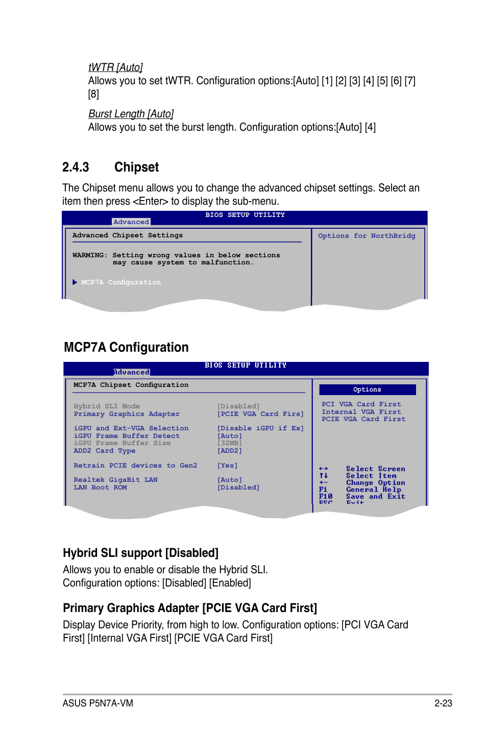3 chipset, Mcp7a configuration, Hybrid sli support [disabled | Primary graphics adapter [pcie vga card first | Asus P5N7A-VM User Manual | Page 75 / 112