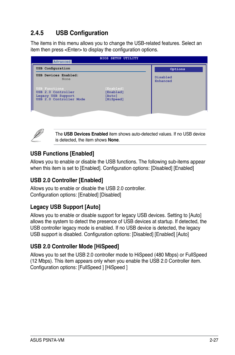 5 usb configuration, Usb functions [enabled, Usb 2.0 controller [enabled | Legacy usb support [auto, Usb 2.0 controller mode [hispeed | Asus P5N7A-VM User Manual | Page 79 / 112