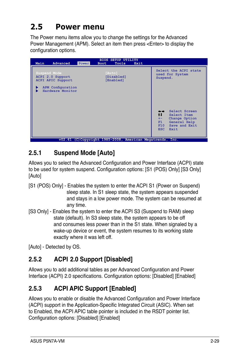 5 power menu, 1 suspend mode [auto, 2 acpi 2.0 support [disabled | 3 acpi apic support [enabled, 2 acpi, 0 support [disabled | Asus P5N7A-VM User Manual | Page 81 / 112