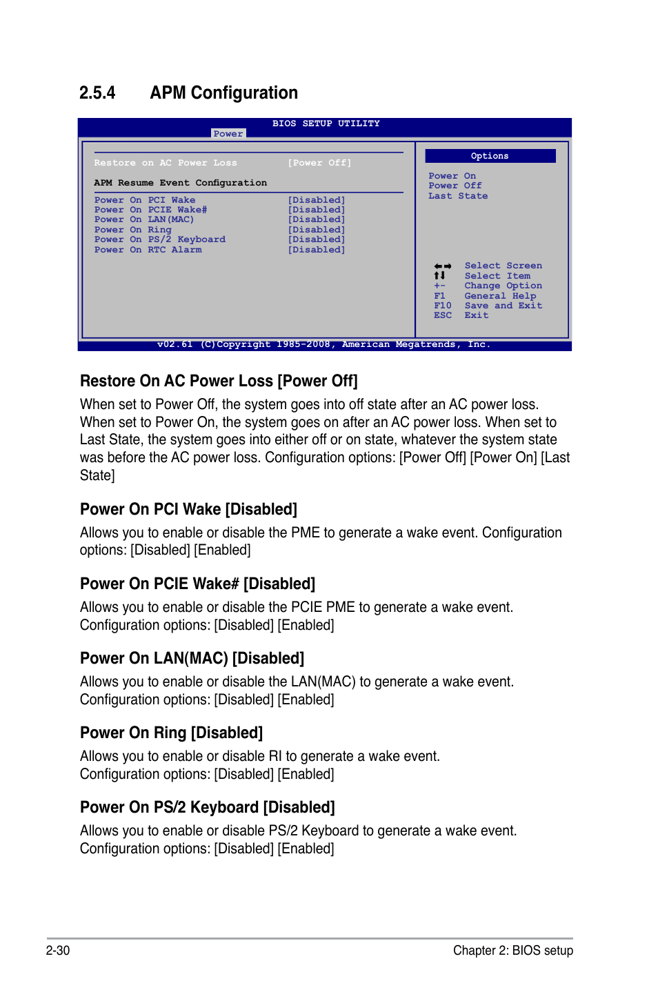 4 apm configuration, Restore on ac power loss [power off, Power on pci wake [disabled | Power on pcie wake# [disabled, Power on lan(mac) [disabled, Power on ring [disabled, Power on ps/2 keyboard [disabled | Asus P5N7A-VM User Manual | Page 82 / 112