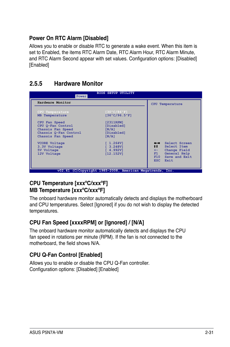 5 hardware monitor, Cpu q-fan control [enabled, Power on rtc alarm [disabled | Asus P5N7A-VM User Manual | Page 83 / 112