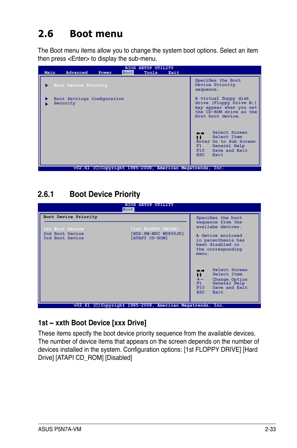 6 boot menu, 1 boot device priority, 1st ~ xxth boot device [xxx drive | Asus P5N7A-VM User Manual | Page 85 / 112