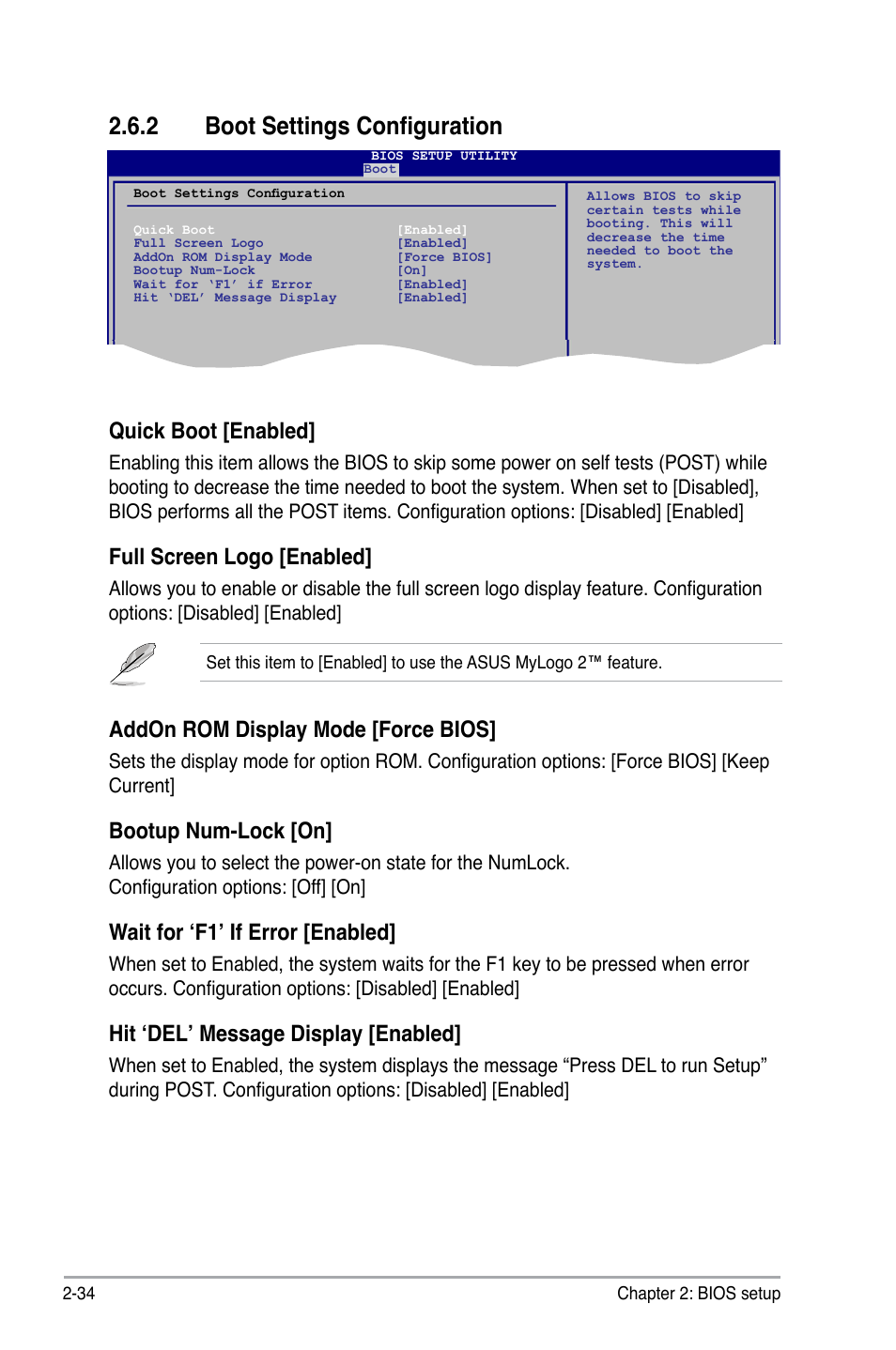 2 boot settings configuration, Quick boot [enabled, Full screen logo [enabled | Addon rom display mode [force bios, Bootup num-lock [on, Wait for ‘f1’ if error [enabled, Hit ‘del’ message display [enabled | Asus P5N7A-VM User Manual | Page 86 / 112
