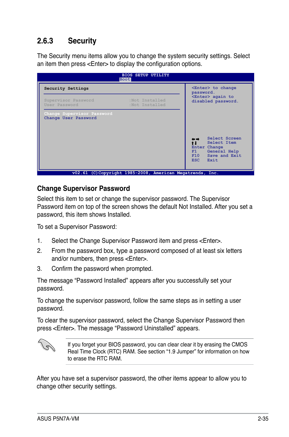3 security, Change supervisor password | Asus P5N7A-VM User Manual | Page 87 / 112