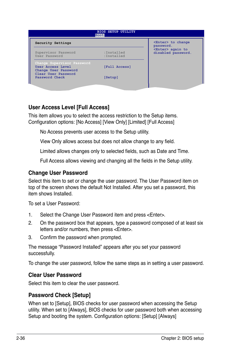 User access level [full access, Change user password, Clear user password | Password check [setup | Asus P5N7A-VM User Manual | Page 88 / 112