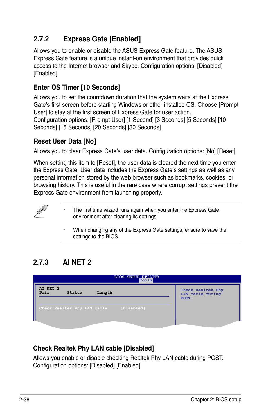 2 express gate [enabled, 3 ai net 2, Enter os timer [10 seconds | Reset user data [no, Check realtek phy lan cable [disabled | Asus P5N7A-VM User Manual | Page 90 / 112
