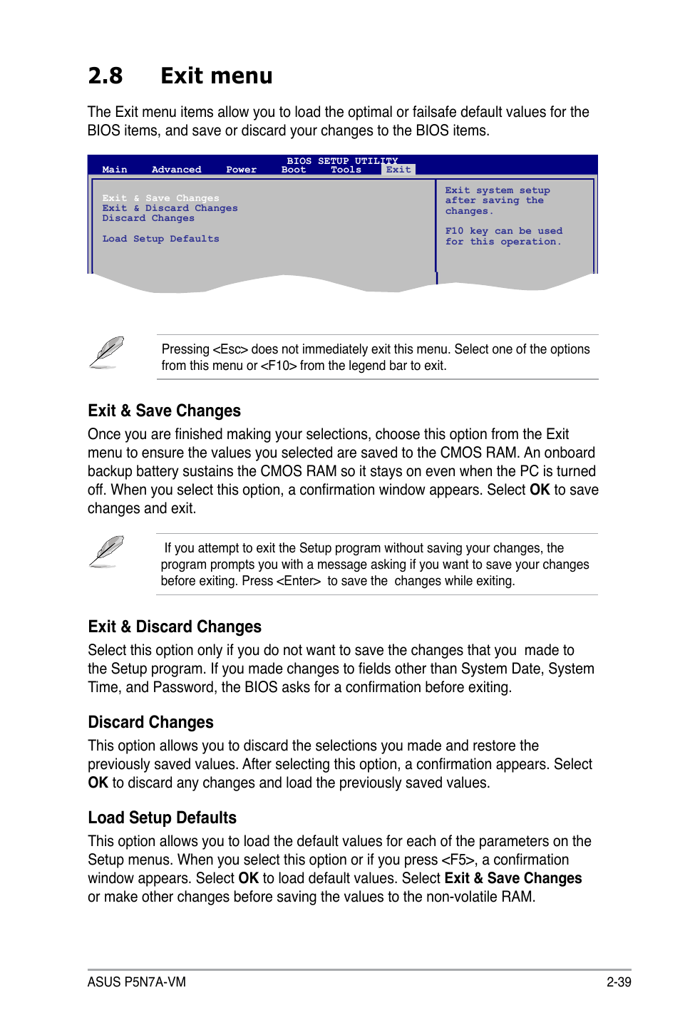 8 exit menu, Exit & discard changes, Discard changes | Load setup defaults, Exit & save changes | Asus P5N7A-VM User Manual | Page 91 / 112