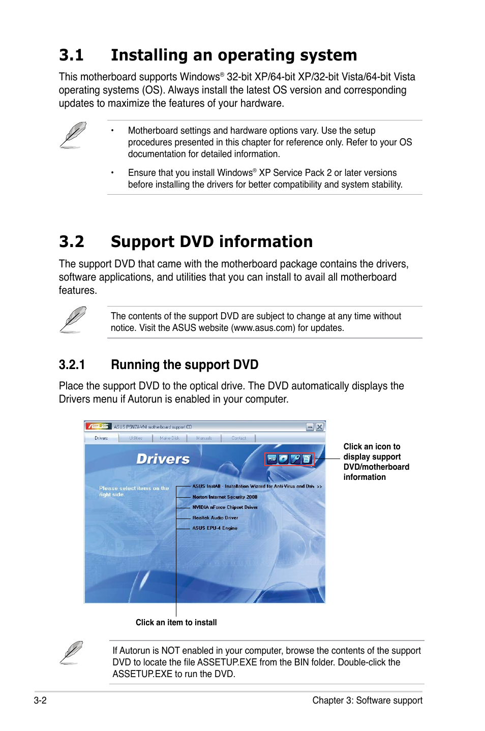 1 installing an operating system, 2 support dvd information, 1 running the support dvd | Asus P5N7A-VM User Manual | Page 94 / 112