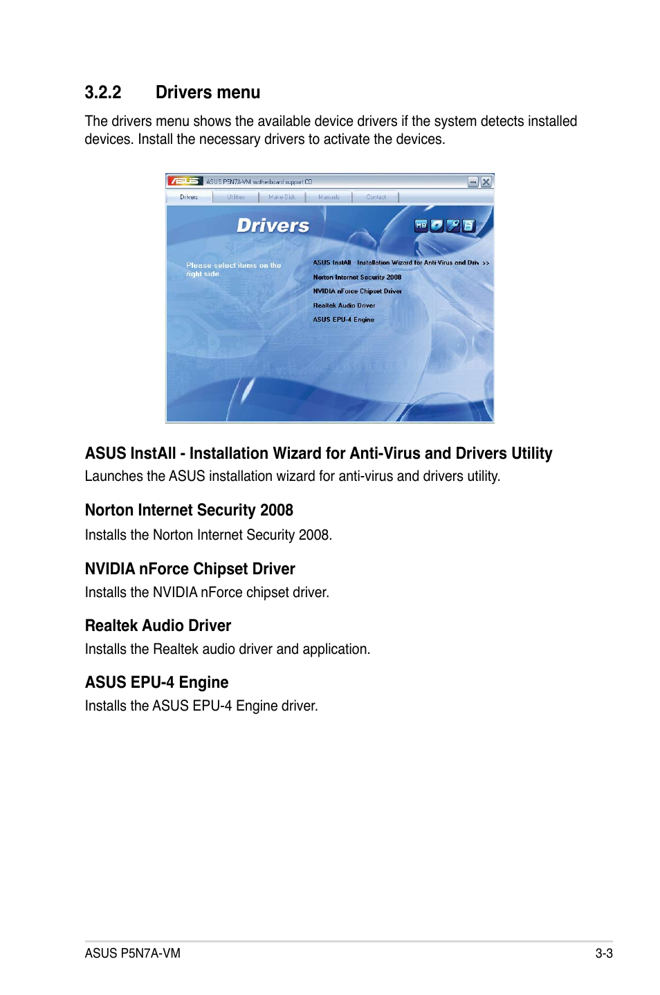 2 drivers menu | Asus P5N7A-VM User Manual | Page 95 / 112
