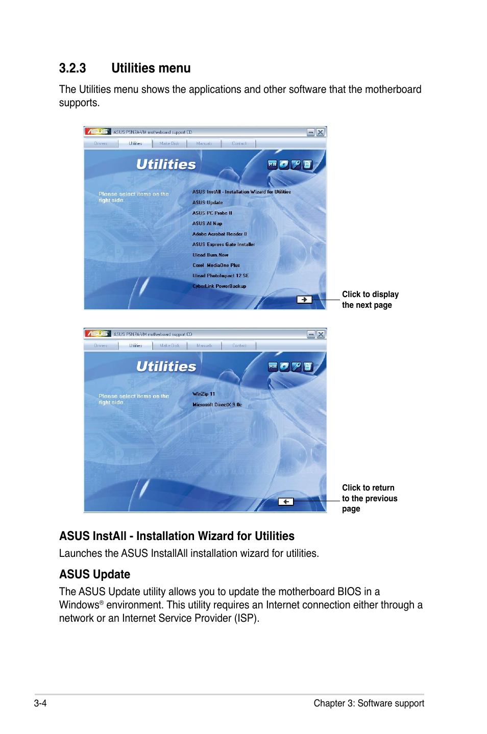 3 utilities menu, Asus install - installation wizard for utilities, Asus update | Asus P5N7A-VM User Manual | Page 96 / 112