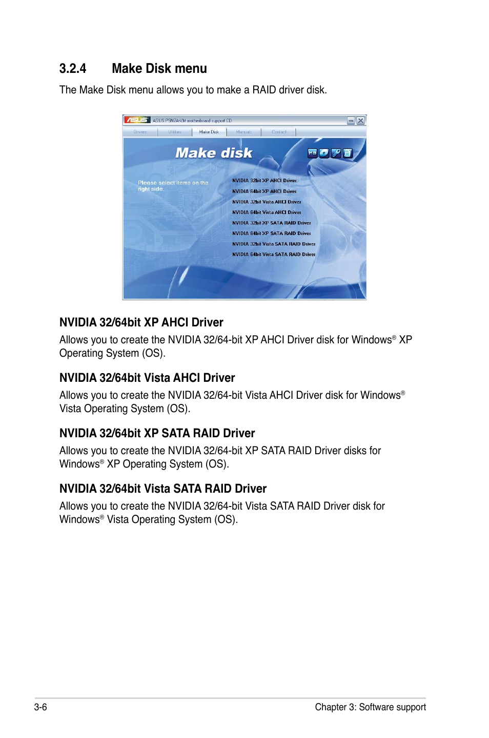 4 make disk menu, Nvidia 32/64bit xp ahci driver, Nvidia 32/64bit vista ahci driver | Nvidia 32/64bit xp sata raid driver, Nvidia 32/64bit vista sata raid driver | Asus P5N7A-VM User Manual | Page 98 / 112