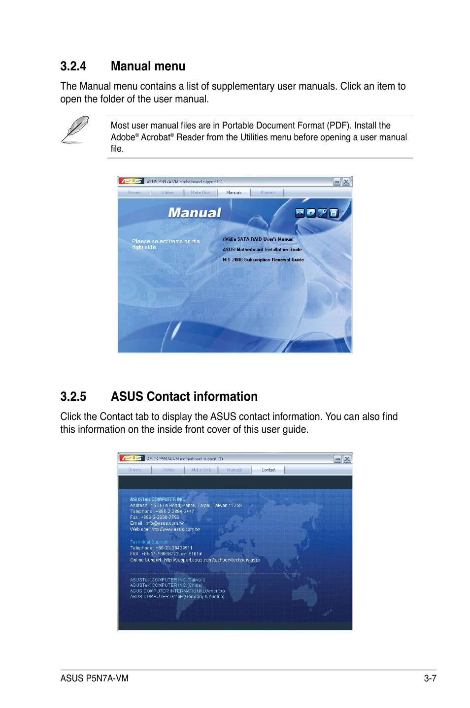 4 manual menu, 5 asus contact information | Asus P5N7A-VM User Manual | Page 99 / 112
