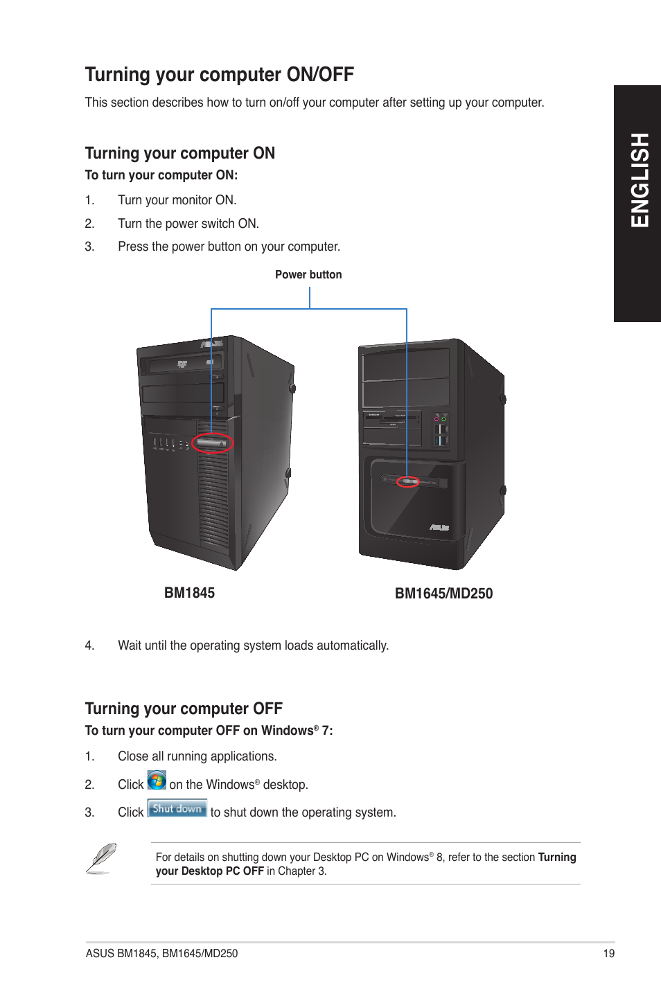 Turning your computer on/off, En g lis h en g li sh | Asus BM1845 User Manual | Page 19 / 96