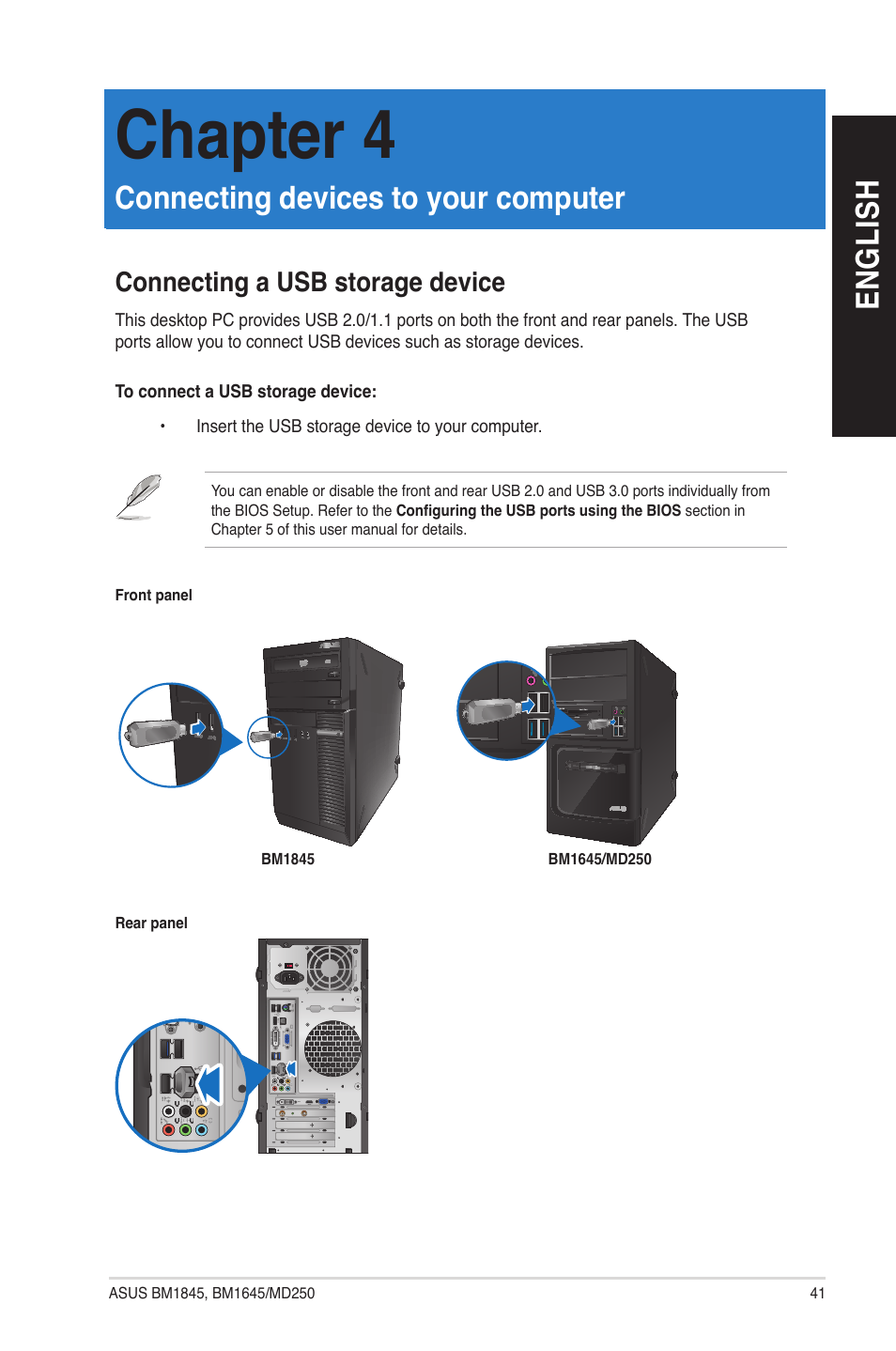 Chapter 4, Connecting devices to your computer, Connecting a usb storage device | En g lis h en g li sh | Asus BM1845 User Manual | Page 41 / 96