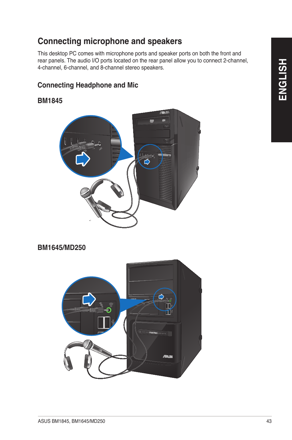 Connecting microphone and speakers, En g lis h en g li sh | Asus BM1845 User Manual | Page 43 / 96