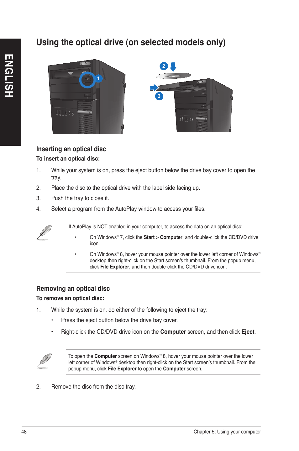 Using the optical drive (on selected models only), En g lis h en g li sh en g lis h en g li sh | Asus BM1845 User Manual | Page 48 / 96