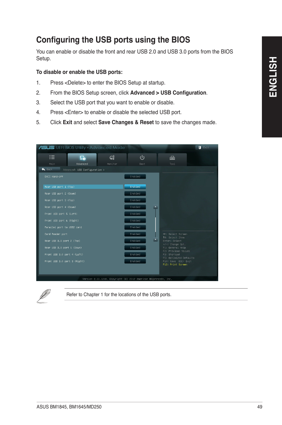 Configuring the usb ports using the bios, En g lis h en g li sh | Asus BM1845 User Manual | Page 49 / 96