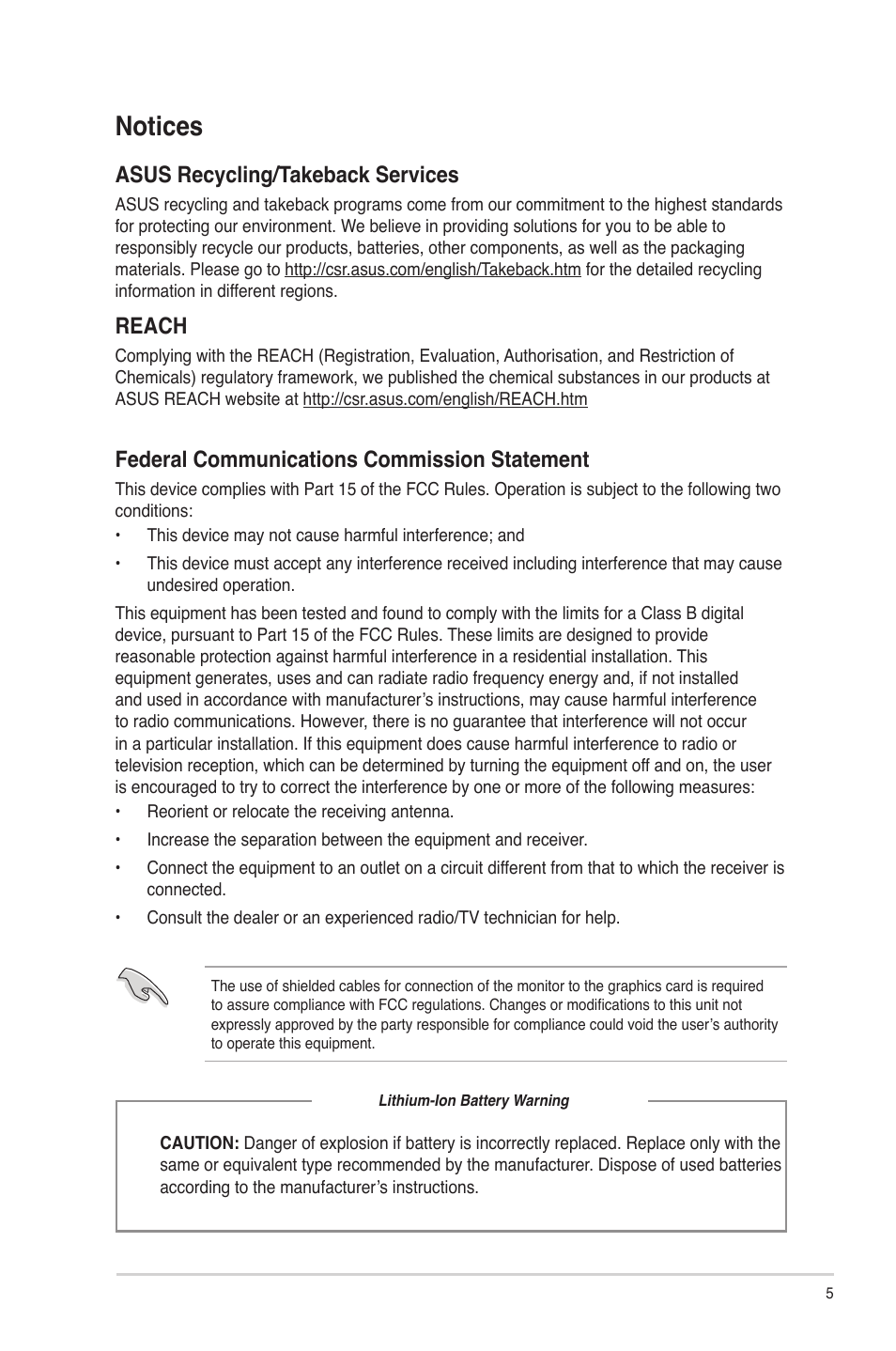 Notices, Asus recycling/takeback services, Reach | Federal communications commission statement | Asus BM1845 User Manual | Page 5 / 96