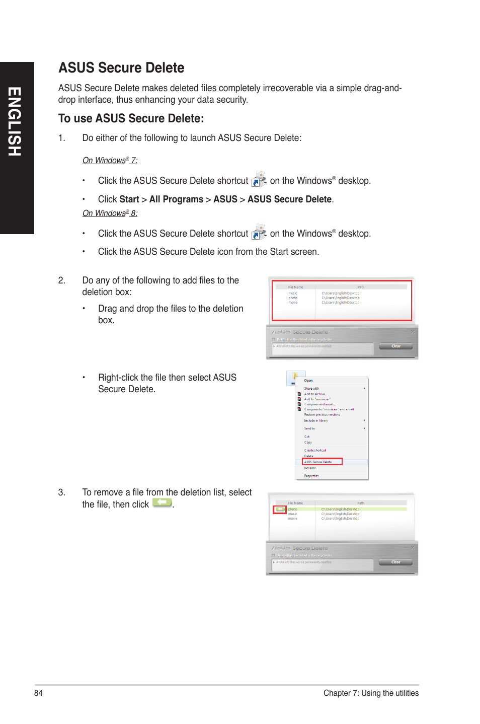 Asus secure delete, En g lis h en g li sh en g lis h en g li sh | Asus BM1845 User Manual | Page 84 / 96