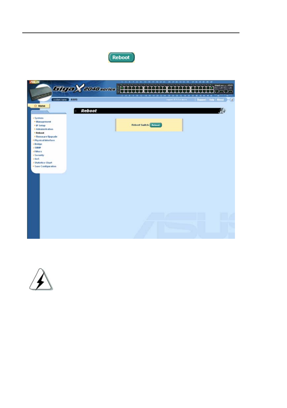 4 reboot, 5 firmware upgrade | Asus GigaX2048 User Manual | Page 40 / 169