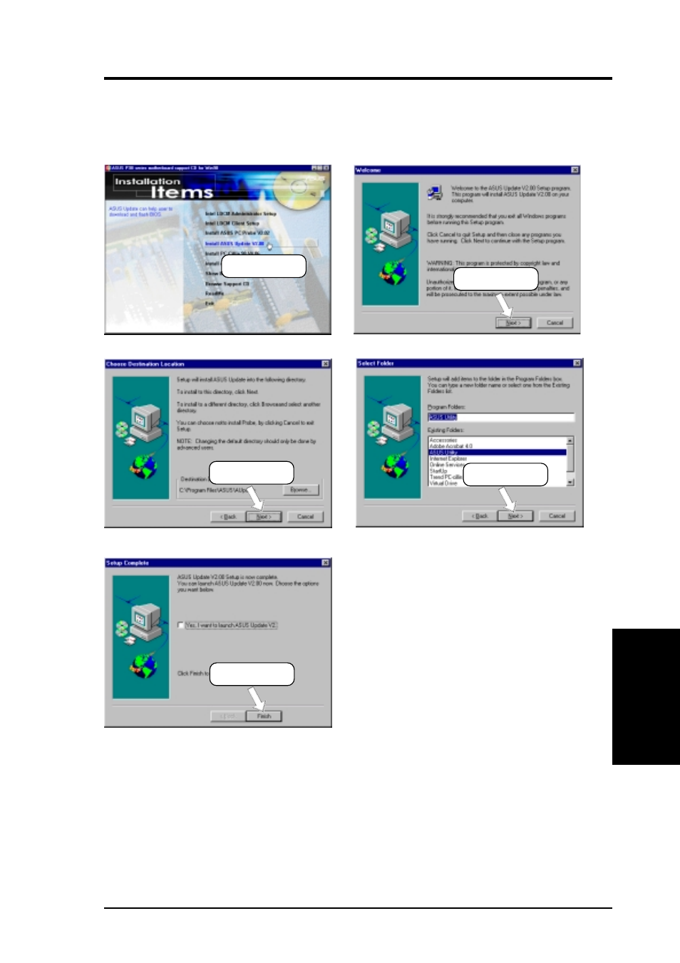 Software setup, 6 install asus update vx.xx | Asus P3B-F User Manual | Page 81 / 112