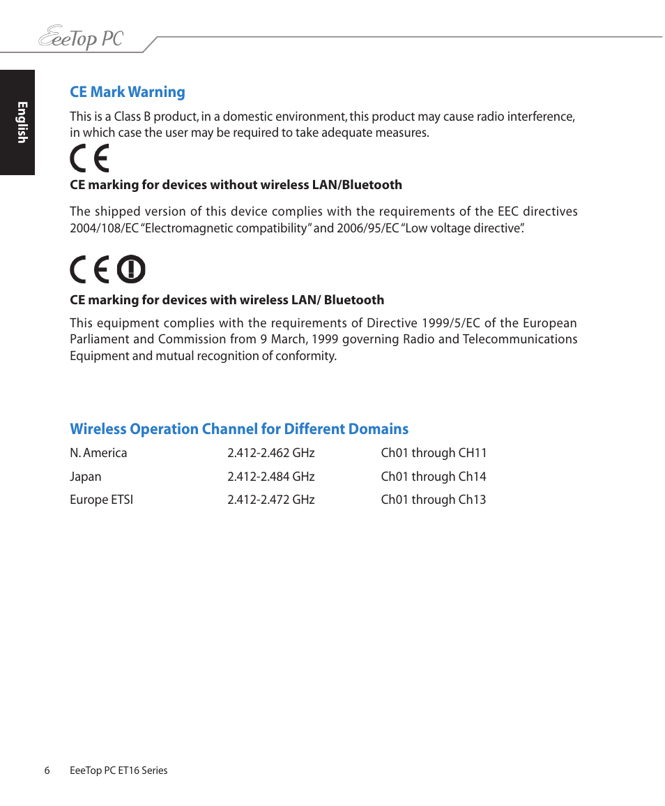 Wireless operation channel for different domains, Ce mark warning | Asus ET1602C User Manual | Page 6 / 38