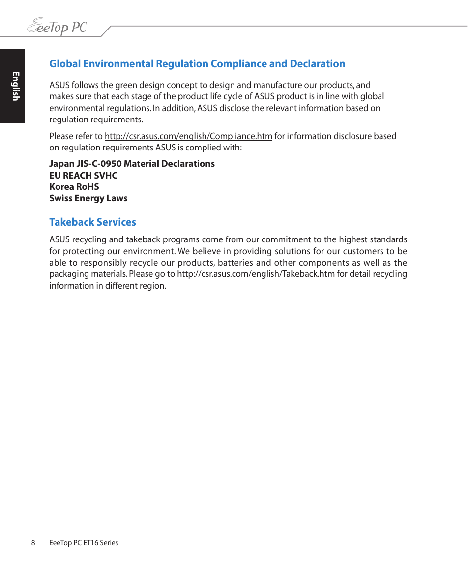 Takeback services | Asus ET1602C User Manual | Page 8 / 38