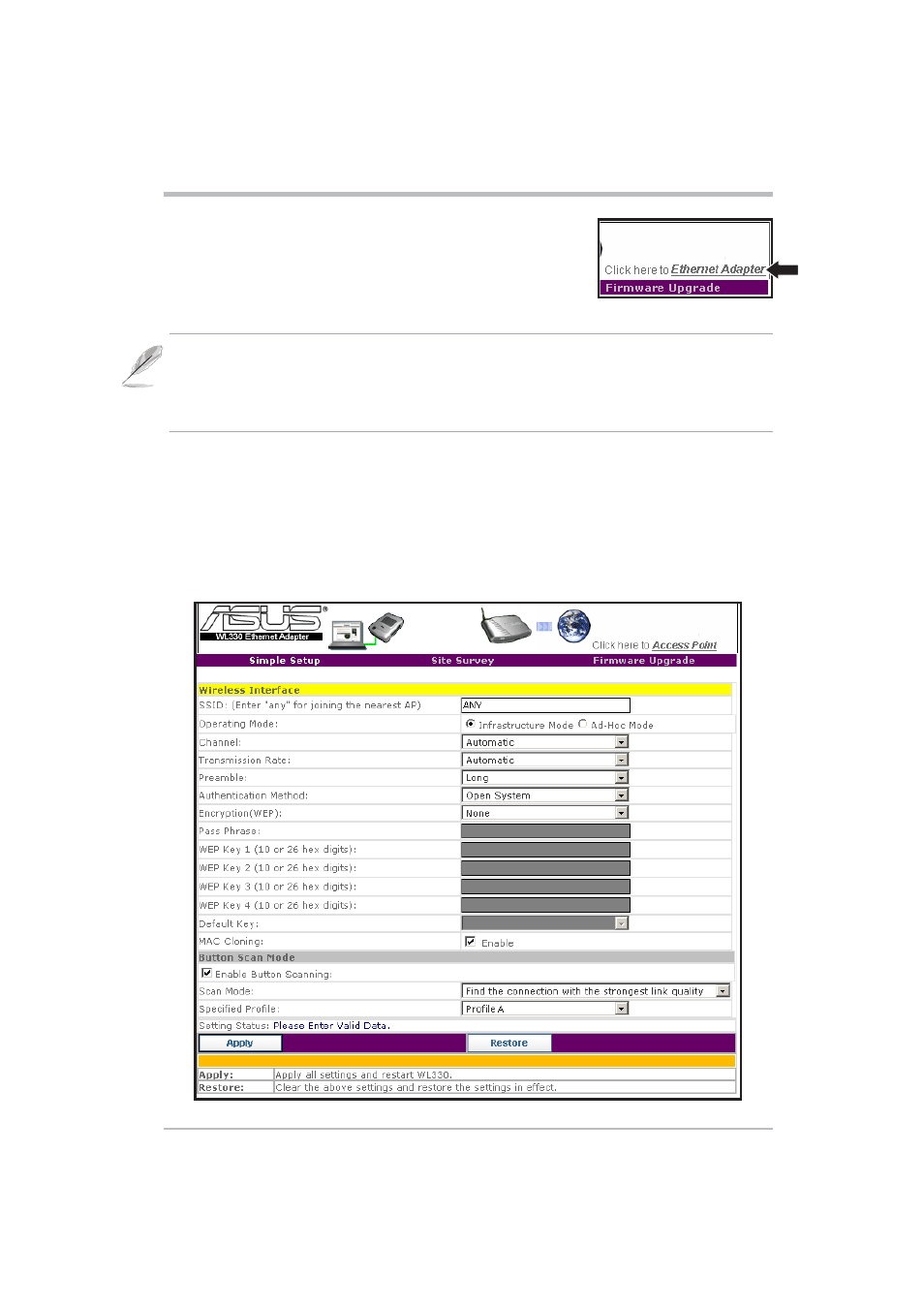 Configuration, 6 ethernet adapter mode | Asus WL-330 User Manual | Page 49 / 70