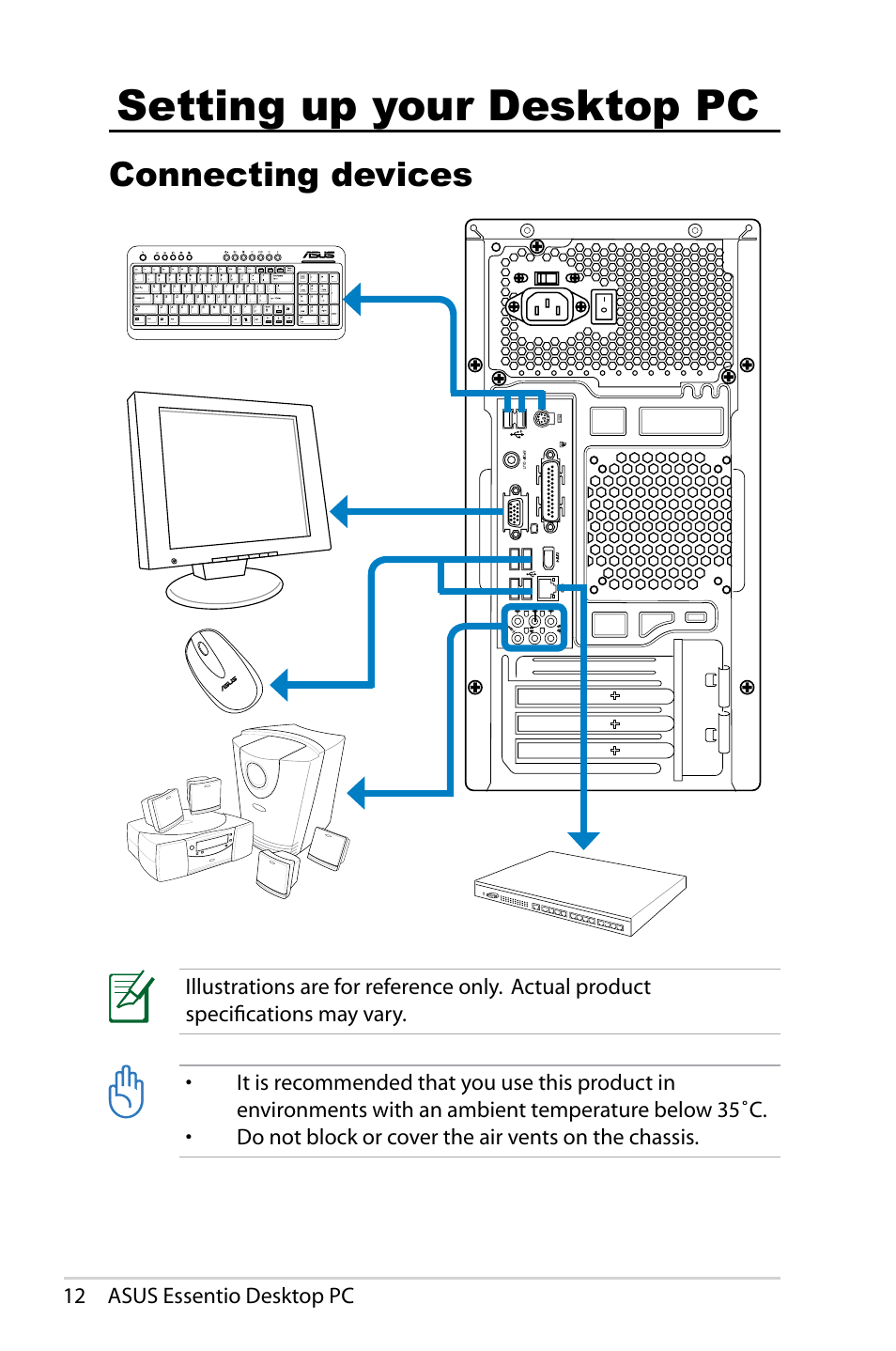 Setting up your desktop pc, Connecting devices | Asus CM5425 User Manual | Page 12 / 22