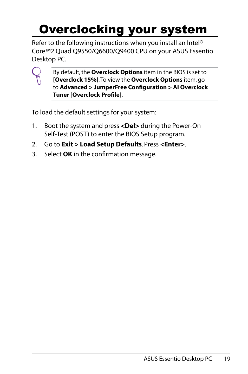 Overclocking your system | Asus CM5425 User Manual | Page 19 / 22