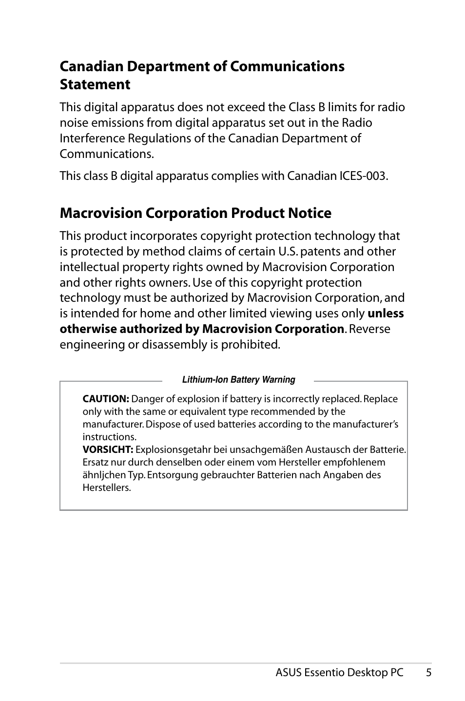 Canadian department of communications statement, Macrovision corporation product notice | Asus CM5425 User Manual | Page 5 / 22