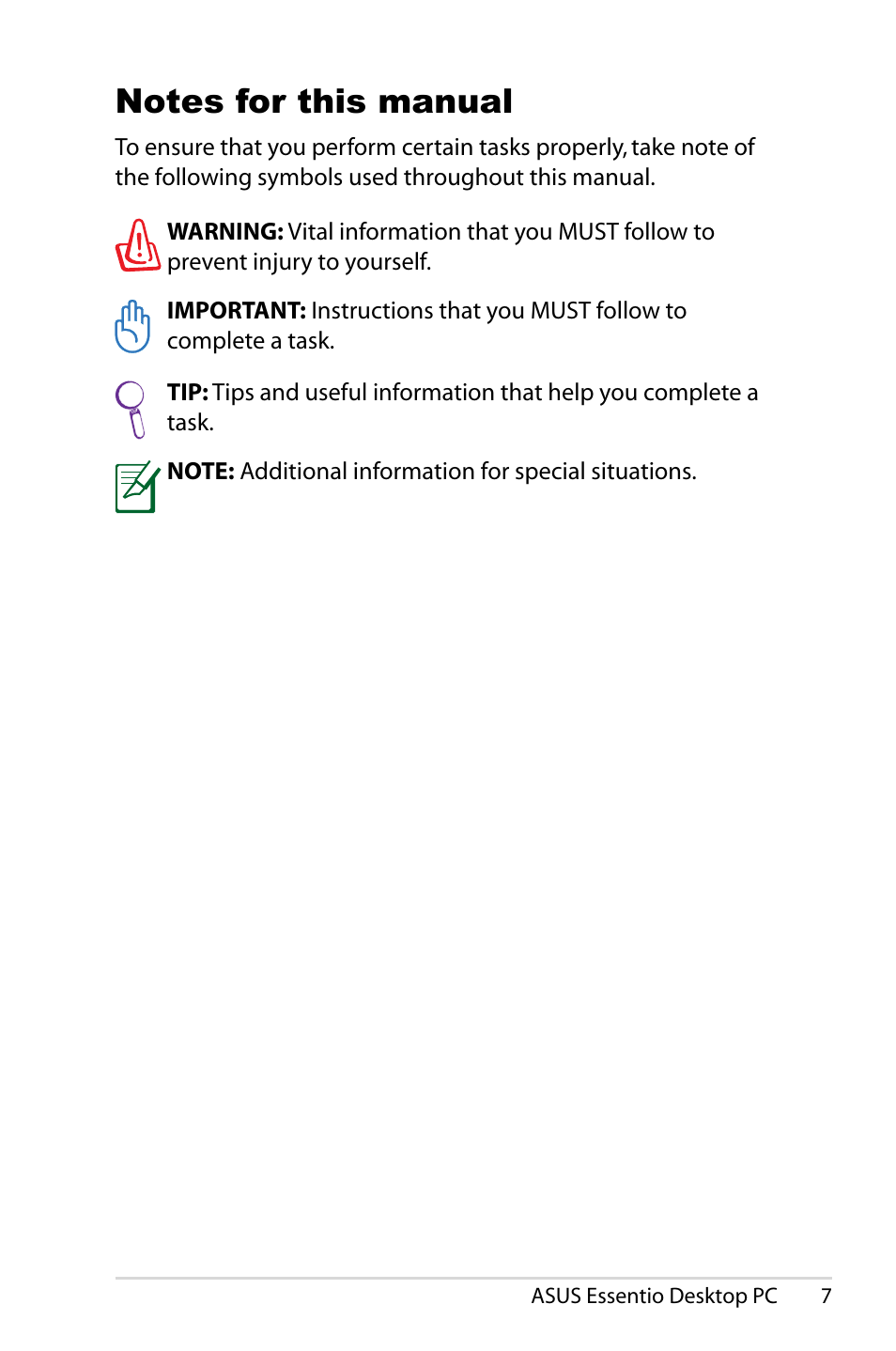 Notes for this manual | Asus CM5425 User Manual | Page 7 / 22