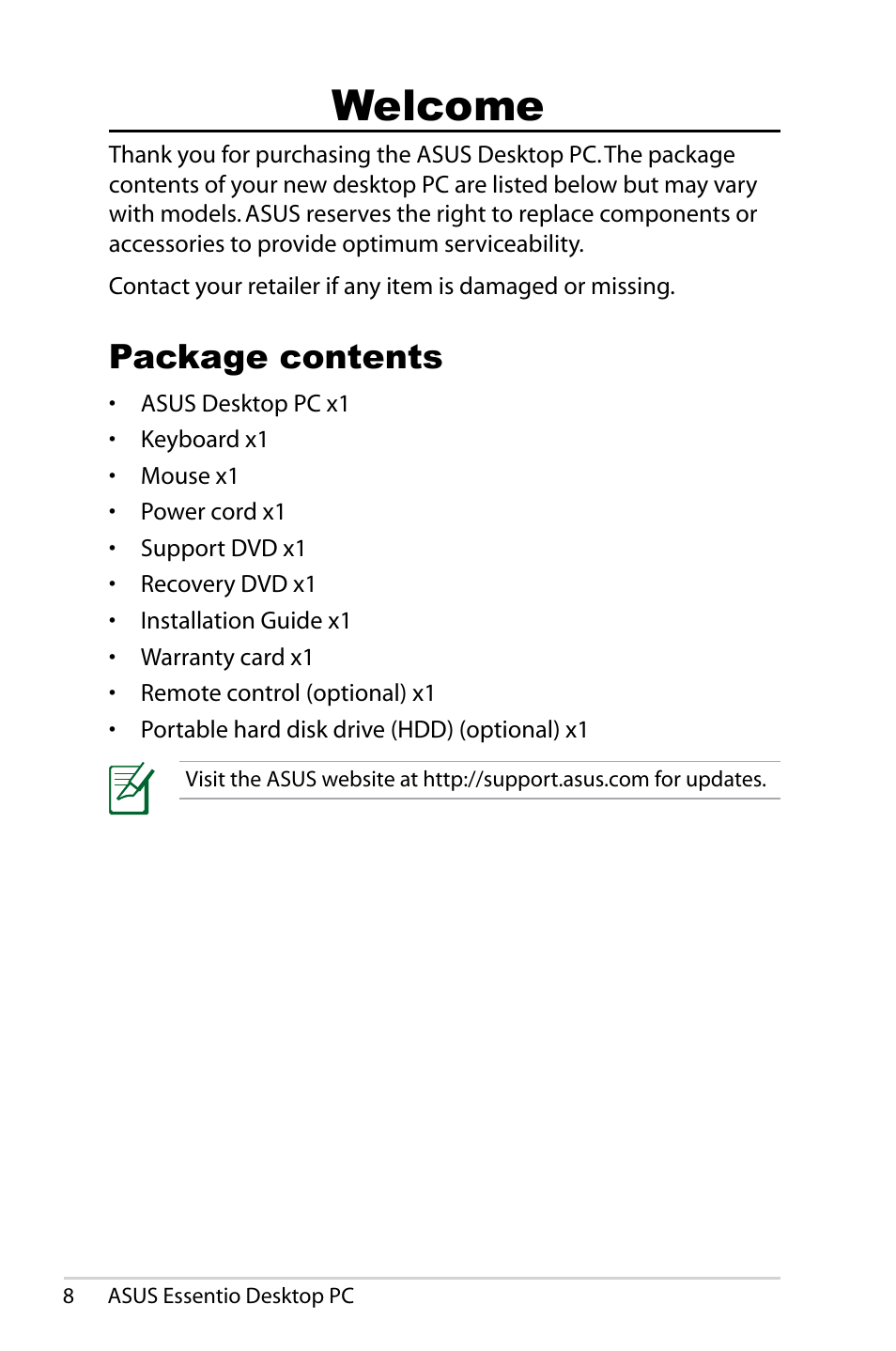 Welcome, Package contents | Asus CM5425 User Manual | Page 8 / 22