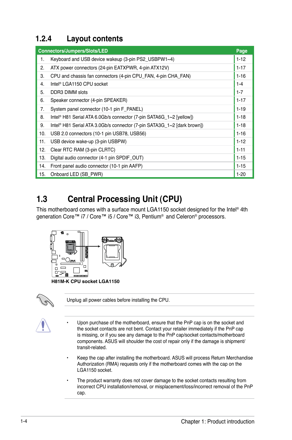 3 central processing unit (cpu), 3 central processing unit (cpu) -4, 4 layout contents | Asus H81M-K/TW User Manual | Page 12 / 48