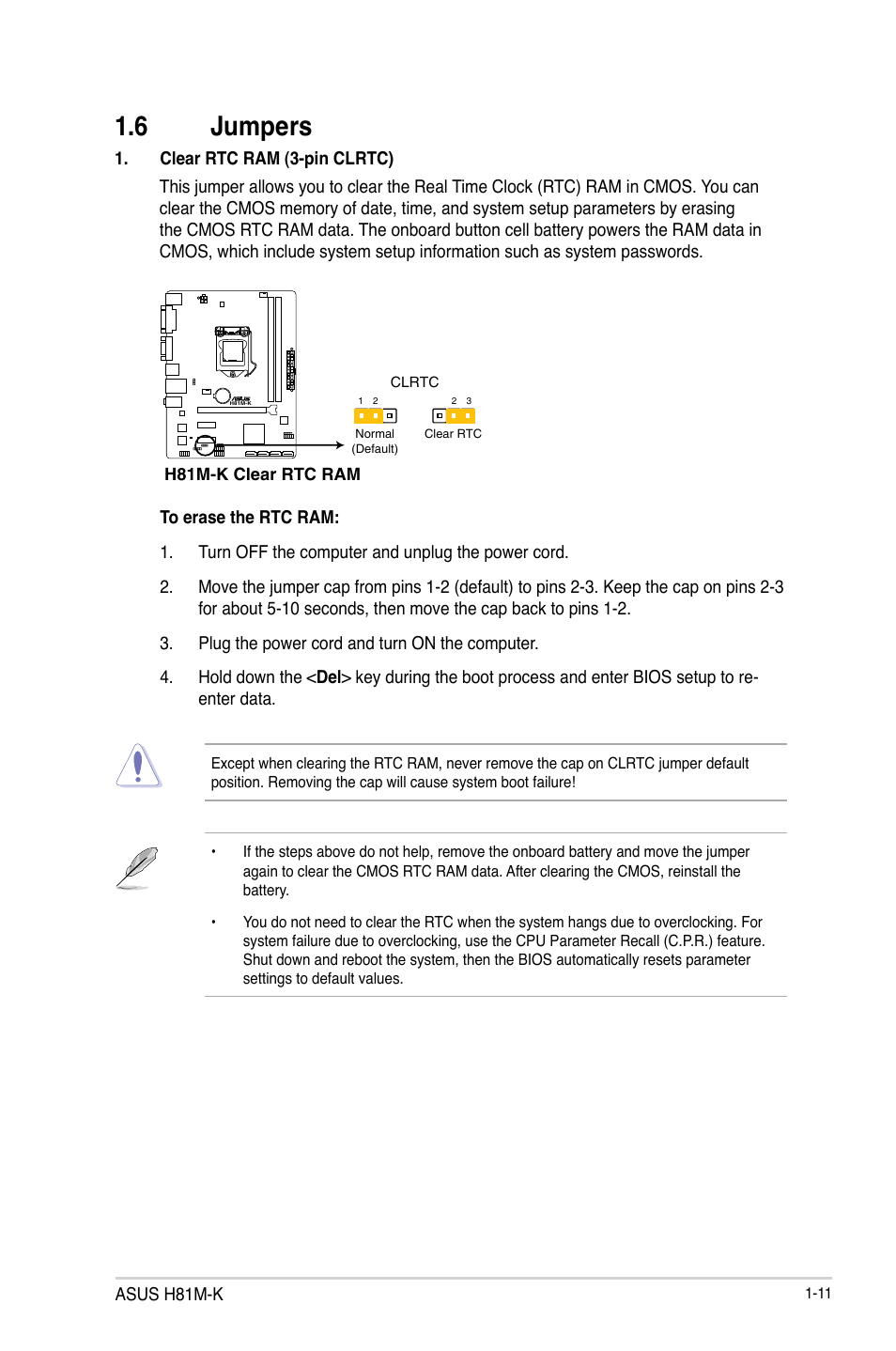 6 jumpers, 6 jumpers -11 | Asus H81M-K/TW User Manual | Page 19 / 48