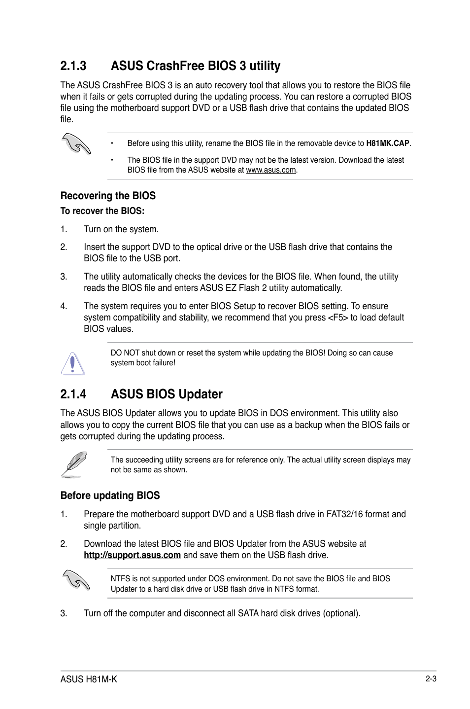 3 asus crashfree bios 3 utility, 4 asus bios updater | Asus H81M-K/TW User Manual | Page 33 / 48