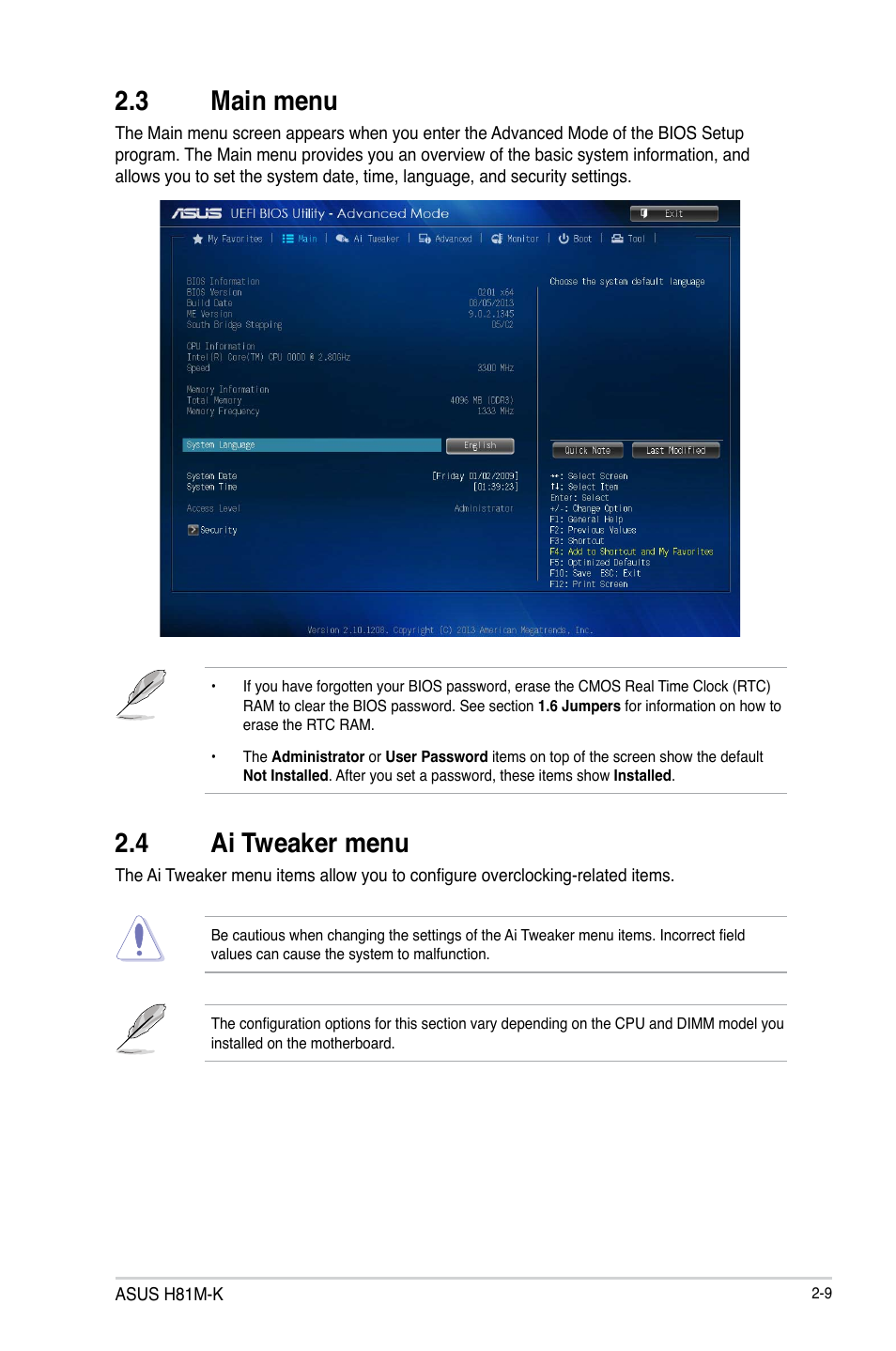 3 main menu, 4 ai tweaker menu, 3 main menu -9 2.4 ai tweaker menu -9 | Asus H81M-K/TW User Manual | Page 39 / 48