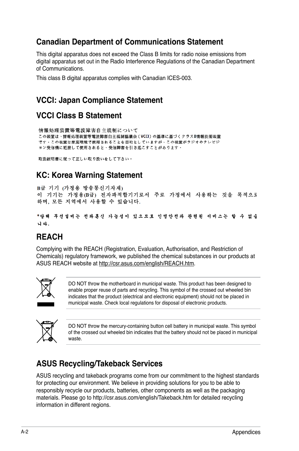 Canadian department of communications statement, Asus recycling/takeback services | Asus H81M-K/TW User Manual | Page 46 / 48