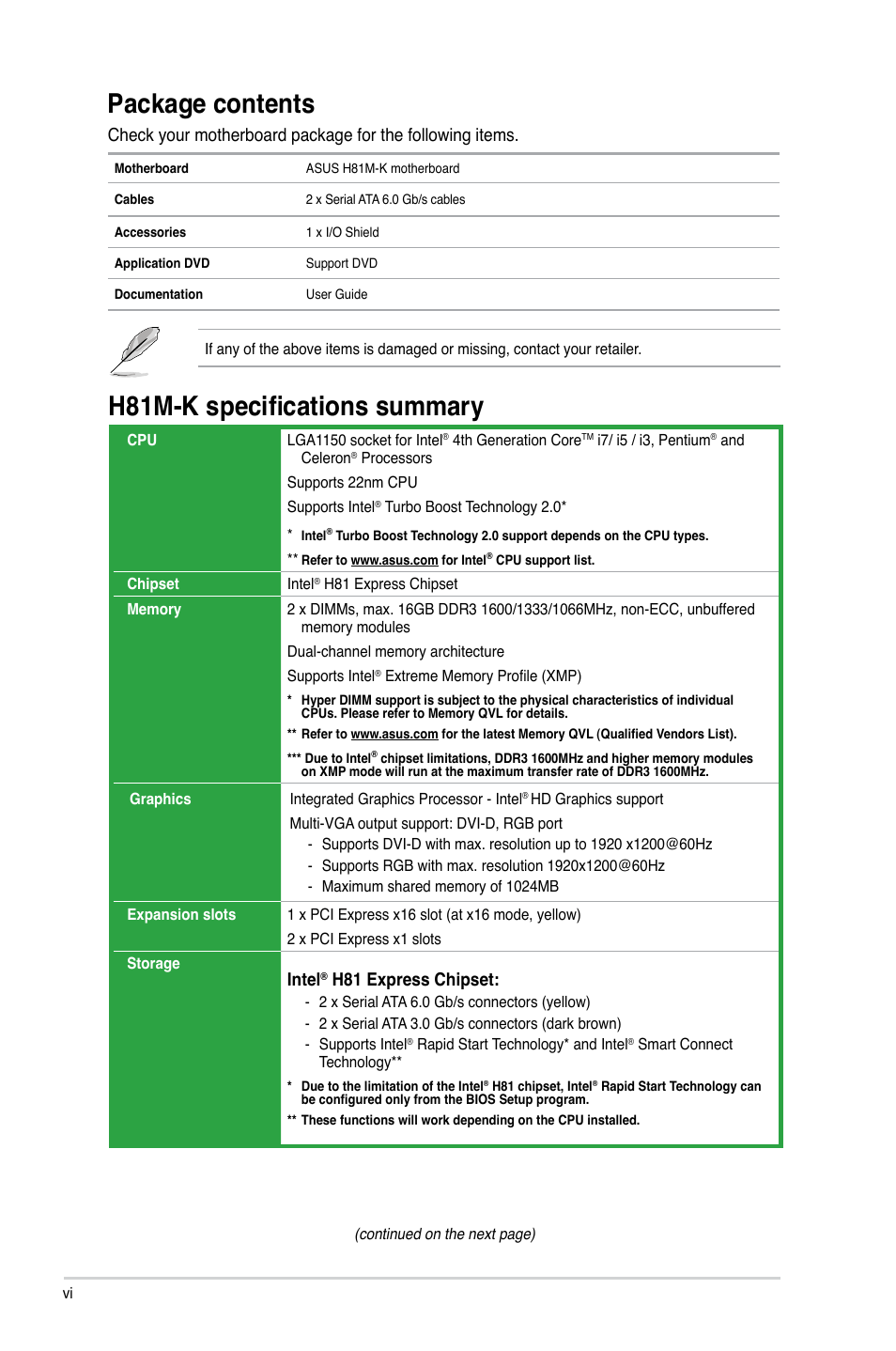 Package contents, H81m-k specifications summary, Intel | H81 express chipset | Asus H81M-K/TW User Manual | Page 6 / 48