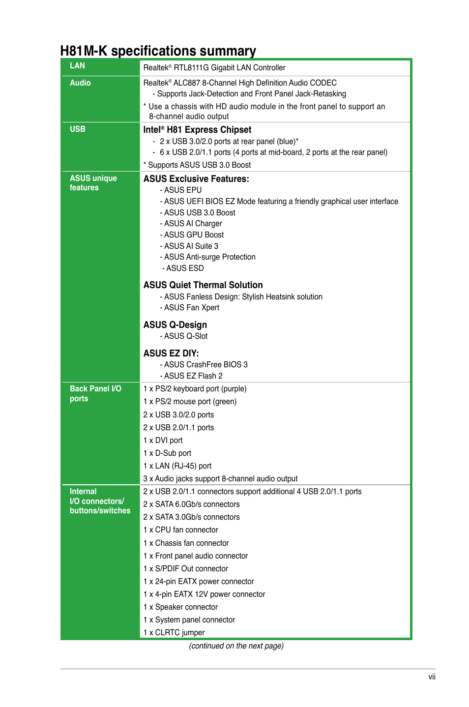H81m-k specifications summary | Asus H81M-K/TW User Manual | Page 7 / 48