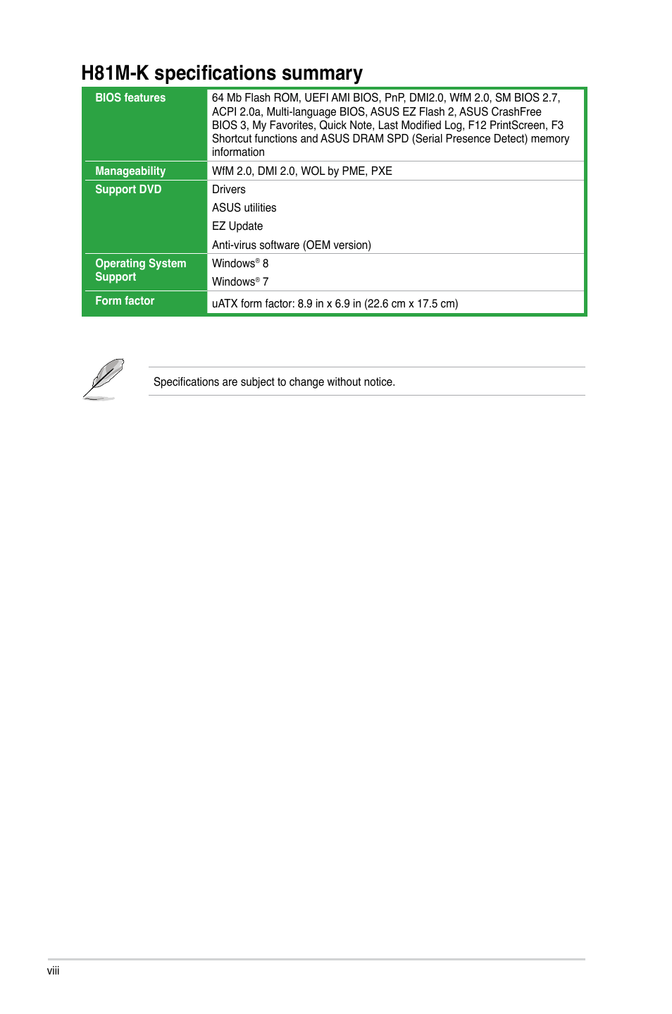 H81m-k specifications summary | Asus H81M-K/TW User Manual | Page 8 / 48