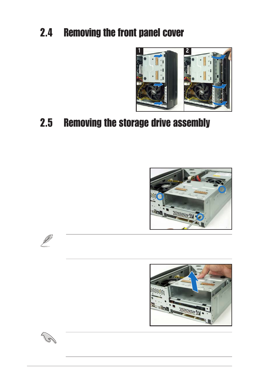 5 removing the storage drive assembly, 4 removing the front panel cover | Asus P1-PH1 User Manual | Page 20 / 88