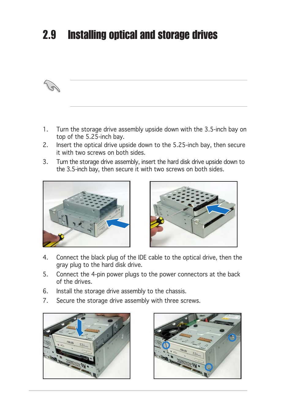 9 installing optical and storage drives, 1 optical and storage drives installation | Asus P1-PH1 User Manual | Page 32 / 88