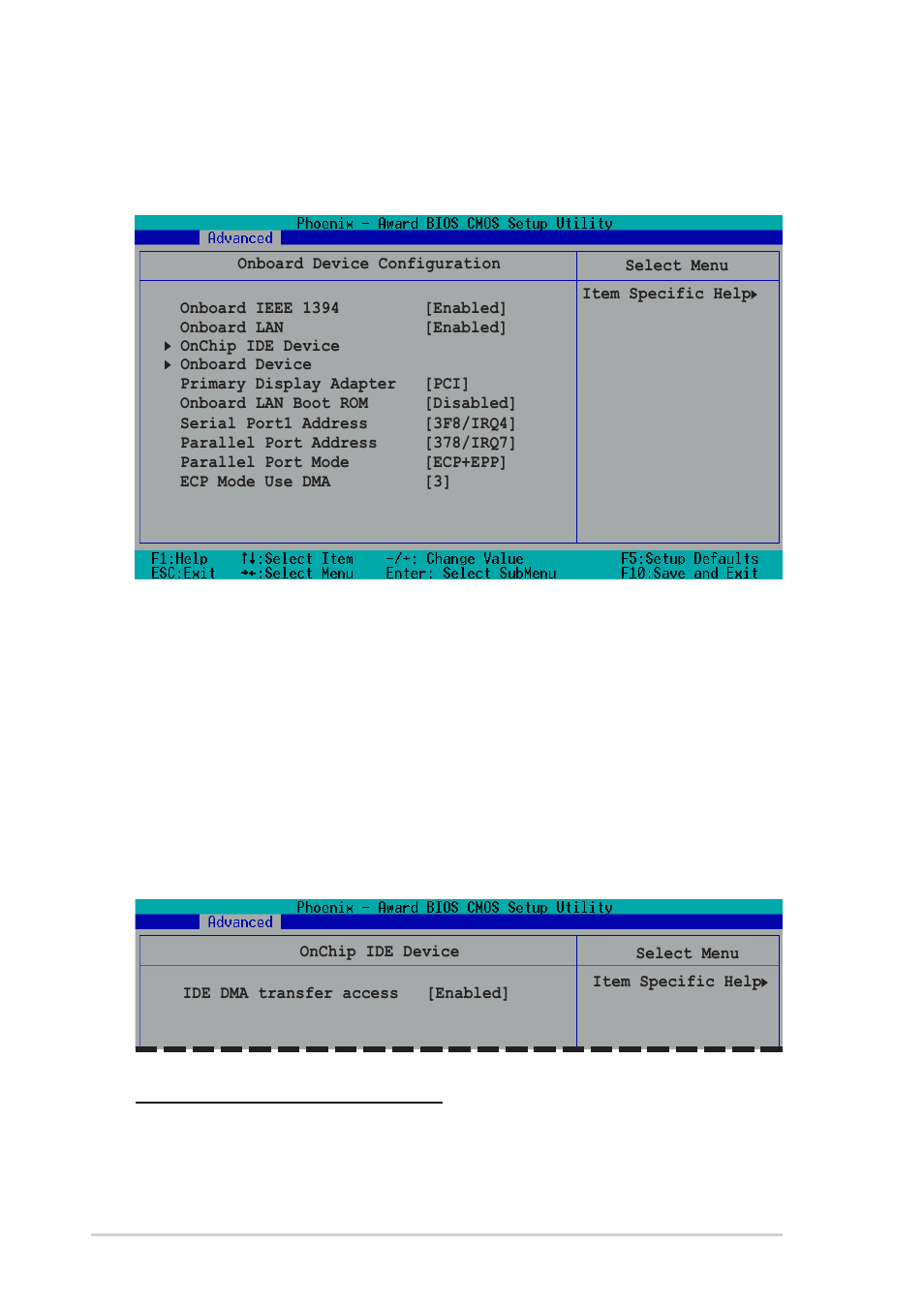 4 onboard device configuration, Onboard ieee 1394 [enabled, Onboard lan [enabled | Onchip ide device | Asus P1-PH1 User Manual | Page 74 / 88