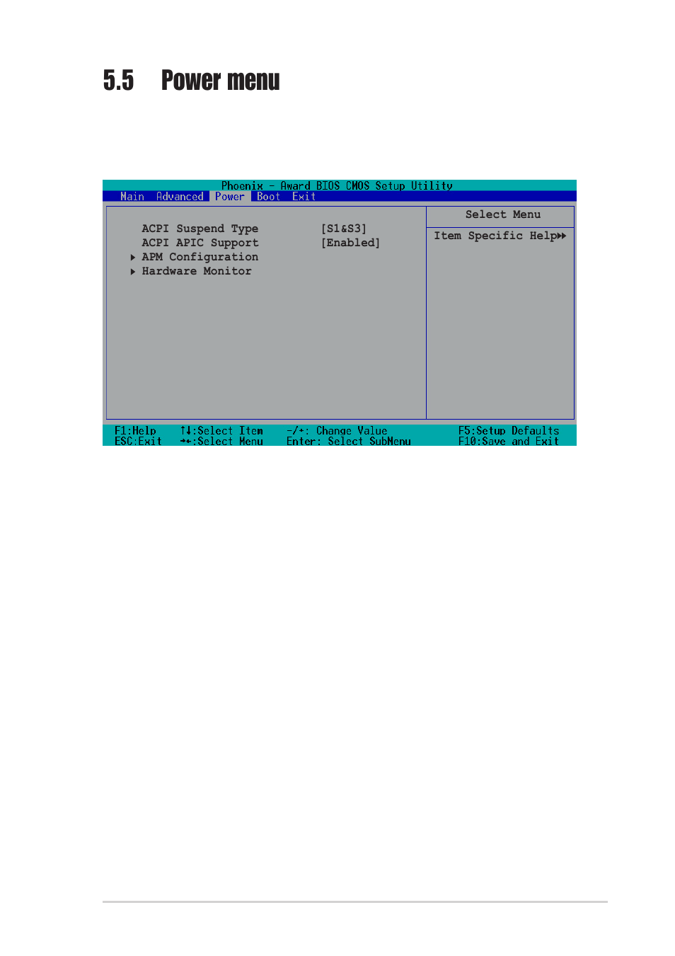 5 power menu, Acpi suspend type [s1 & s3, Acpi apic support [enabled | Asus P1-PH1 User Manual | Page 77 / 88